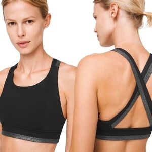 Lululemon Power Position Bra Black Metallic Detail Criss Cross Back High Neck